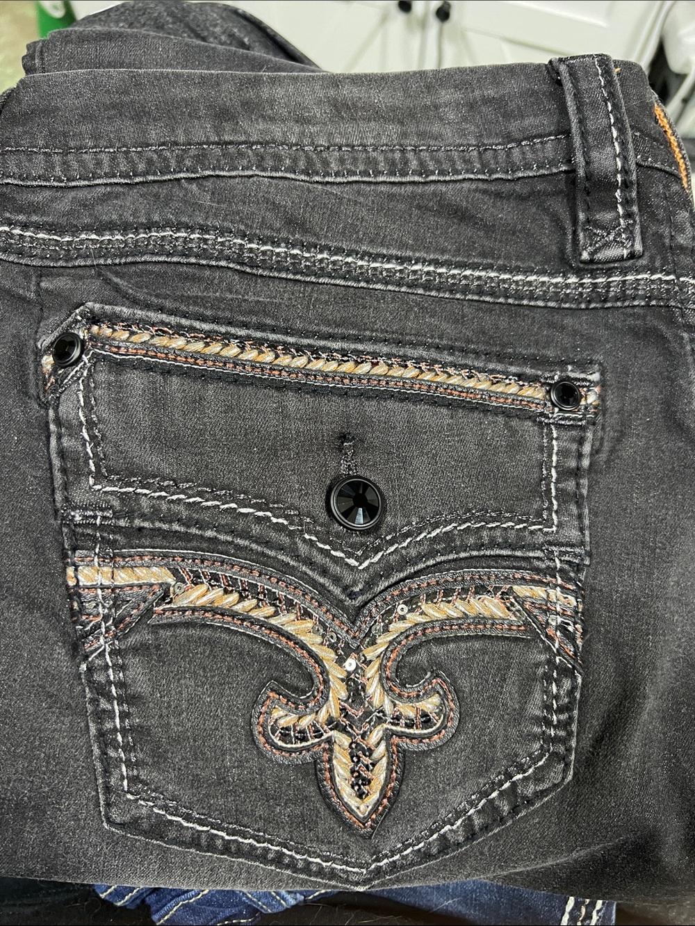 Rock Revival Women's Skinny Jeans in Charcoal with Tan Embroidery